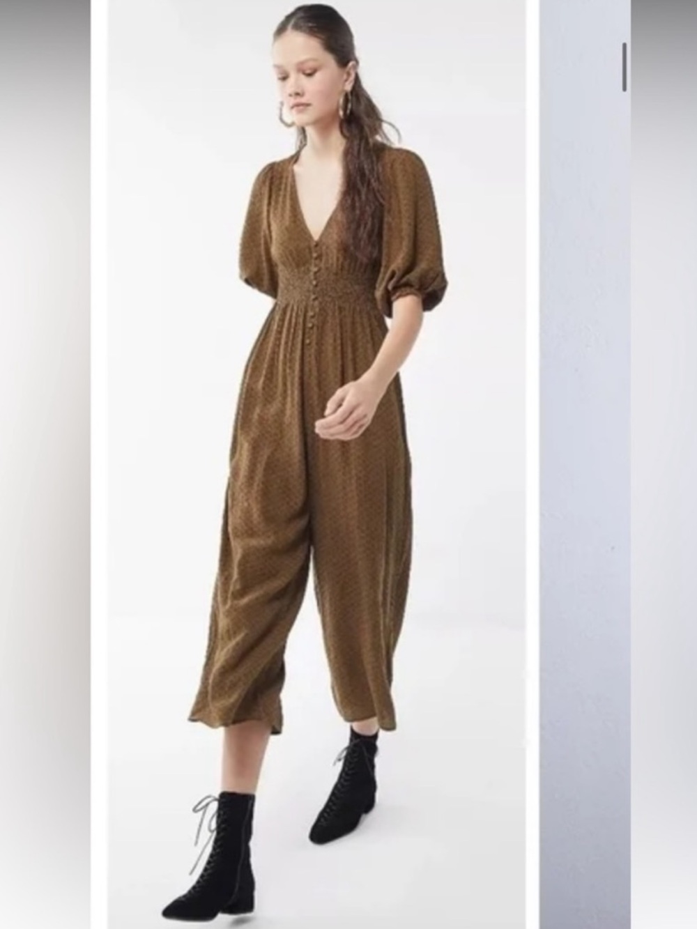 Urban Outfitters Jumpsuit Zimi Plunging Puff Sleeve Brown Size Medium